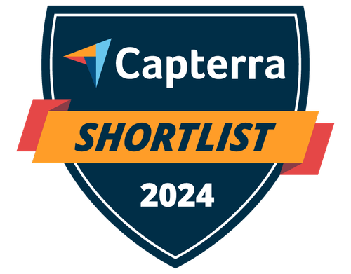 A shield-shaped badge promoting Capterra's Shortlist for 2024, featuring the text "Capterra" at the top, "SHORTLIST" prominently in the center, and "2024" at the bottom. The badge has a dark blue background with an orange banner.