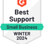 A badge recognizing "Best Support for Small Business" awarded by G2 for Winter 2024. The design features a prominent G2 logo at the top, and the text is displayed centrally in bold black font, with a green banner below it.