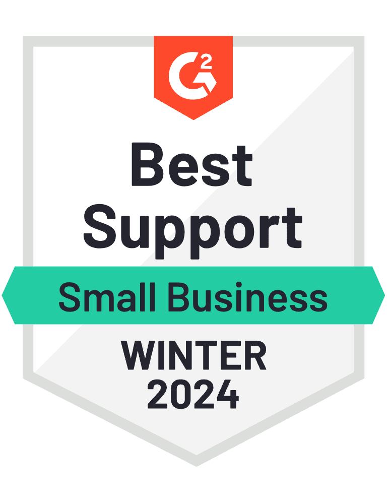 A badge recognizing "Best Support for Small Business" awarded by G2 for Winter 2024. The design features a prominent G2 logo at the top, and the text is displayed centrally in bold black font, with a green banner below it.
