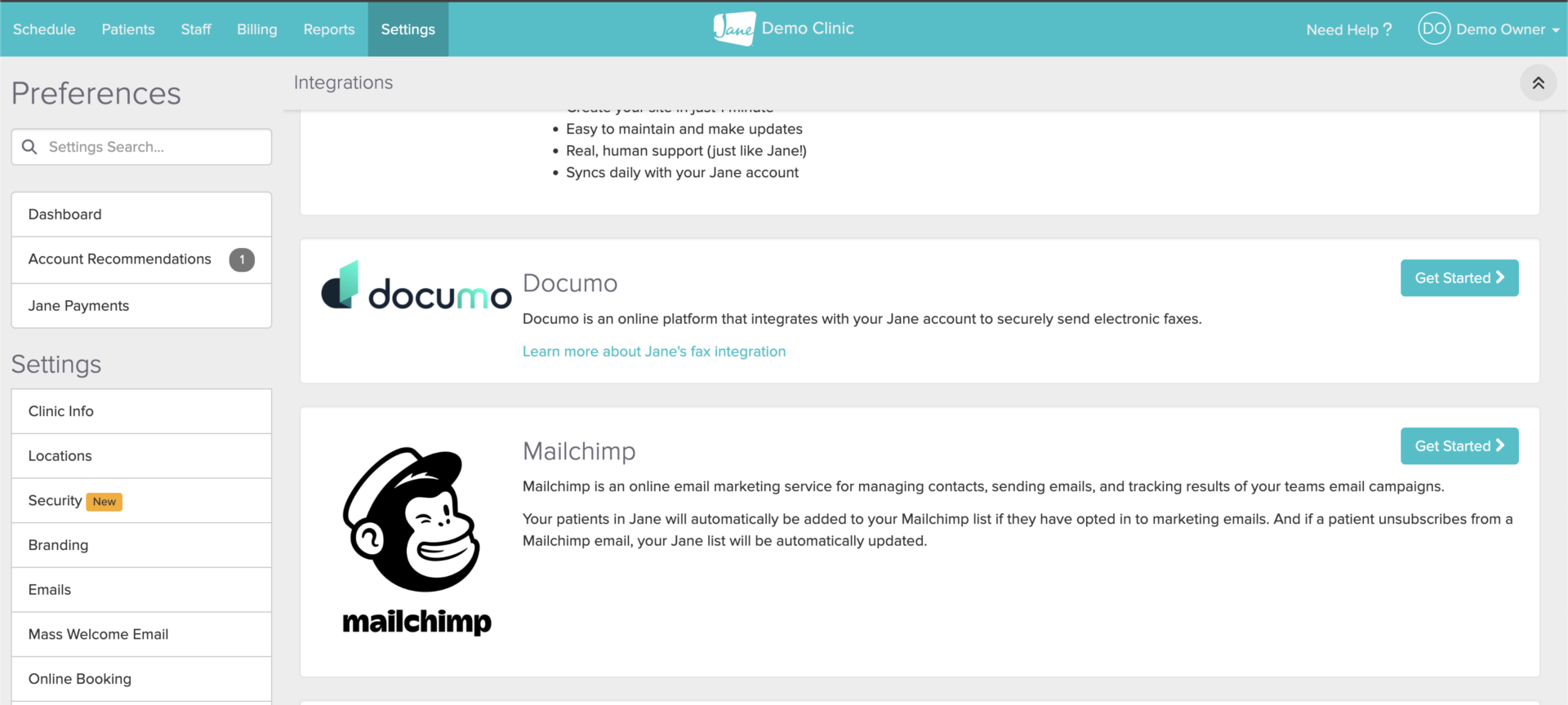Screenshot of Jane Demo Clinic's preferences page showing integration options including Documo for fax services and Mailchimp for email marketing, with settings navigation menu on the left side