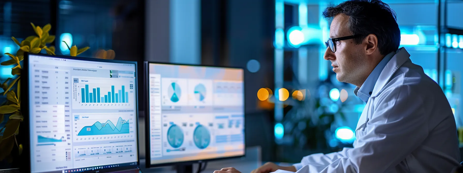 a healthcare professional reviews a digital dashboard displaying a secure cloud fax service, with clear graphs indicating scalable fax activity and robust encryption features, all illuminated by soft, focused lighting that conveys a sense of efficiency and trust.