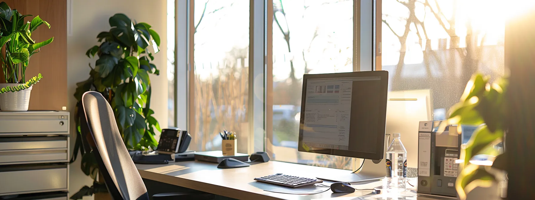 a modern healthcare office bathed in soft natural light, featuring a sleek cloud fax interface on a computer screen, symbolizing secure communication and patient confidentiality.