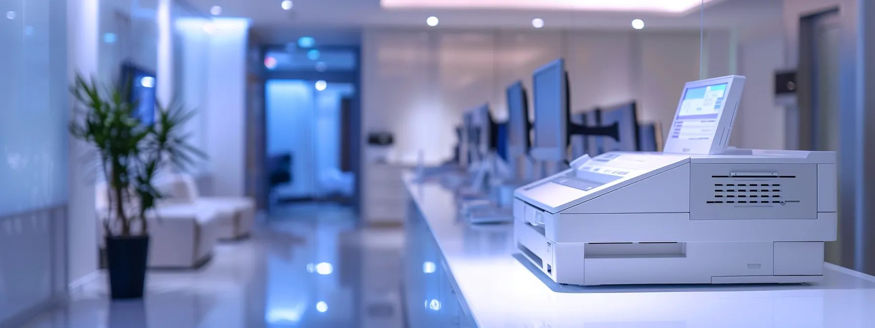 a sleek, modern healthcare office features a sophisticated fax machine seamlessly connected to a cloud system, illuminated by soft, natural light, symbolizing the secure and efficient transmission of sensitive patient data.