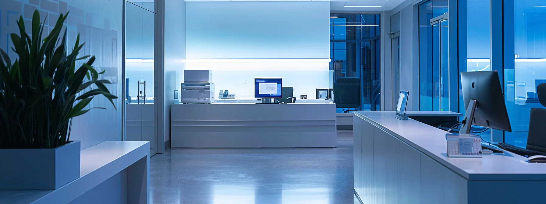 a sleek, modern healthcare office bathed in soft natural light highlights a secure cloud faxing system, symbolizing the seamless migration to hipaa-compliant electronic faxing with an emphasis on data protection and security.