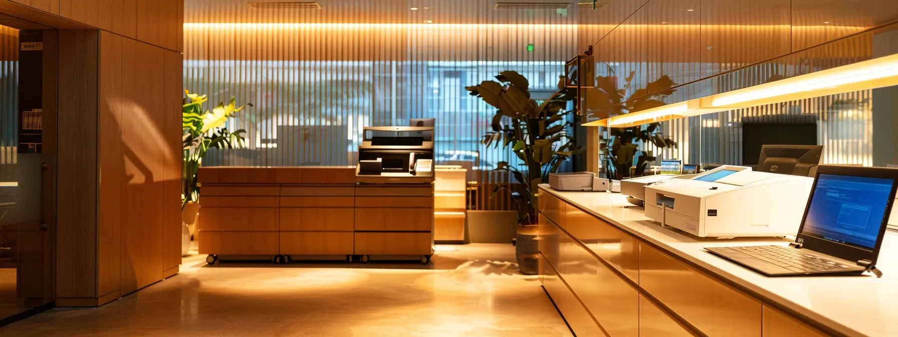 a sleek, modern healthcare office illuminated by soft, ambient lighting showcases a secure fax machine surrounded by digital devices, symbolizing the seamless integration of hipaa-compliant faxing solutions in the protection of sensitive patient information.