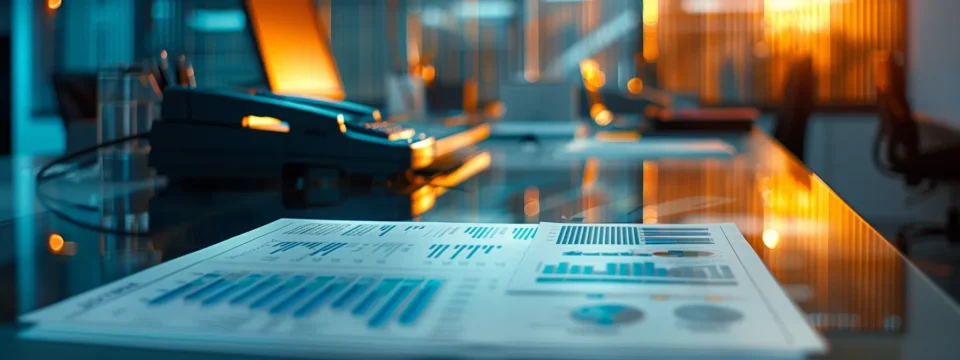 a sleek, modern office environment showcases a glowing dashboard with graphs illustrating the rapid efficiency and adaptability of cloud fax technology, contrasted against a shadowy, outdated traditional fax machine in the background.