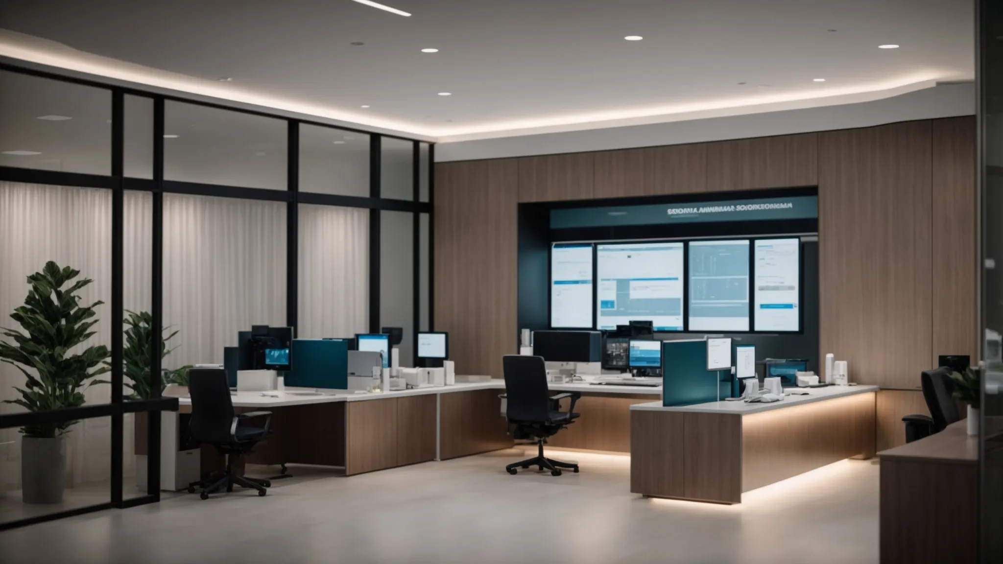a sleek, modern healthcare office features a secure cloud fax setup with a glowing screen displaying an intuitive interface, emphasizing the efficient transmission of protected health information in a compliant and organized environment.