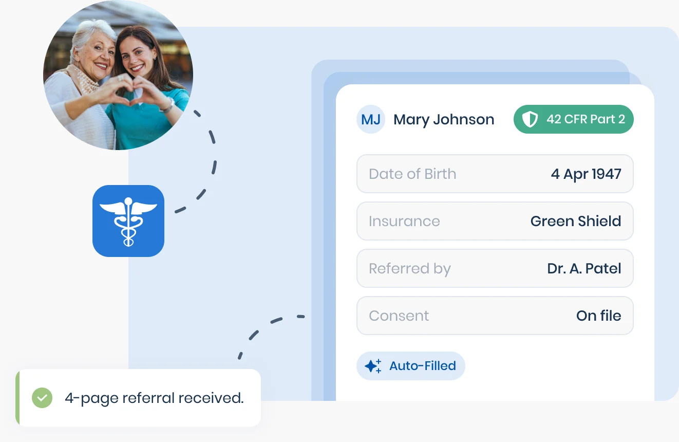 A four-page referral auto-filled with patient details, insurance, referring provider, and consent before it reaches the chart