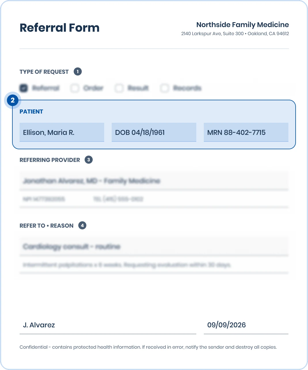 Referral form with the patient name, date of birth, and MRN highlighted