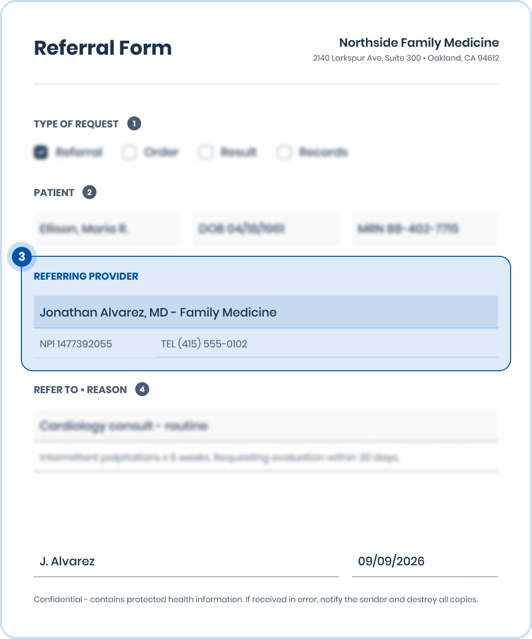Referral form with the referring provider highlighted