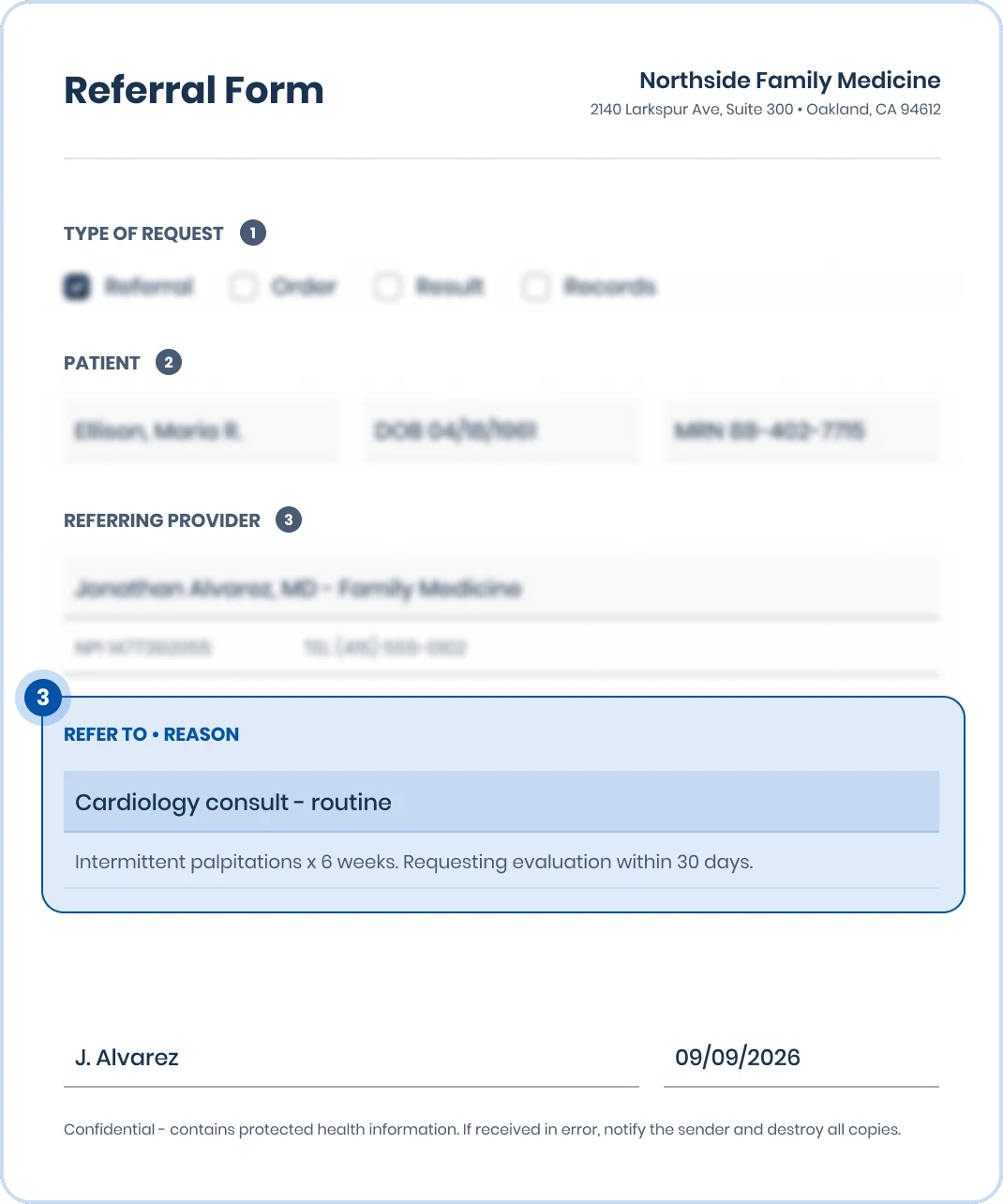 Referral form with the refer-to department and reason highlighted