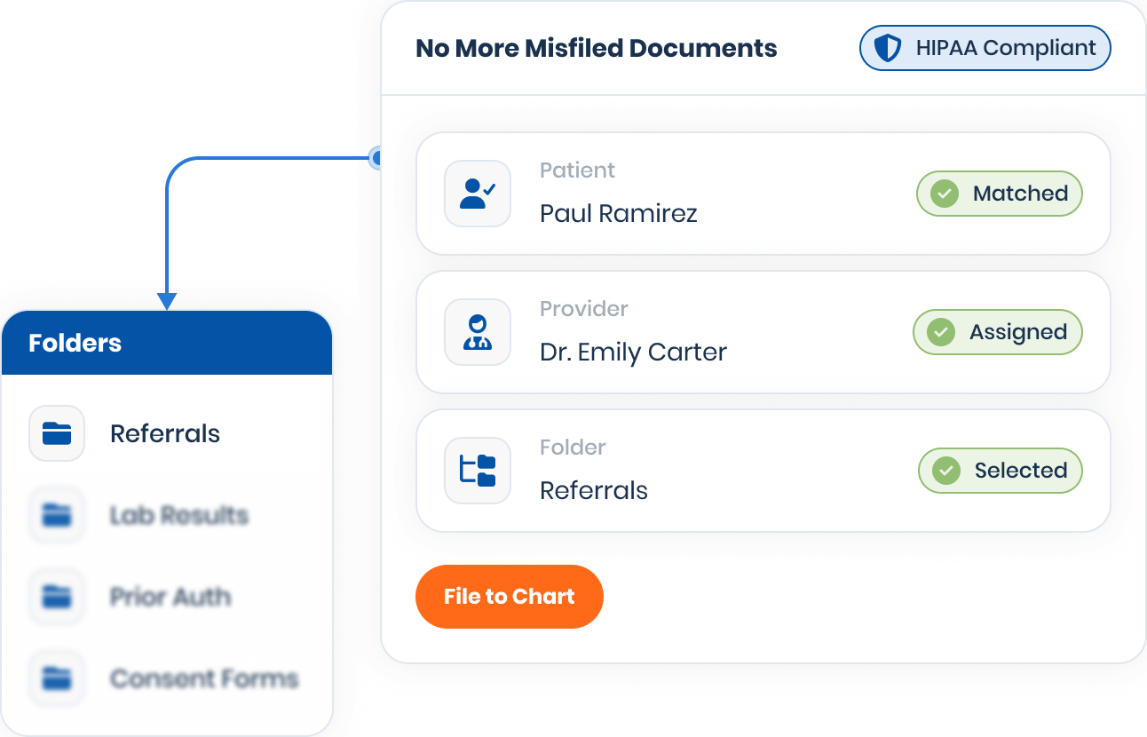 Patient matched, provider assigned, and folder selected before the document is filed to the eClinicalWorks chart